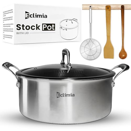 Eclimia Olla de acero inoxidable con tapa de cristal, olla de sopa antiadherente con tallado de panal de abeja, olla de inducción compatible con todas las cocinas, apta para lavavajillas y horno (26