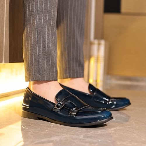 Santimon Men's Double Buckle Patent Leather Loafers Sleek Slip-On Modern Monk Strap Shoes Elegant Casual & Formal Shoes4