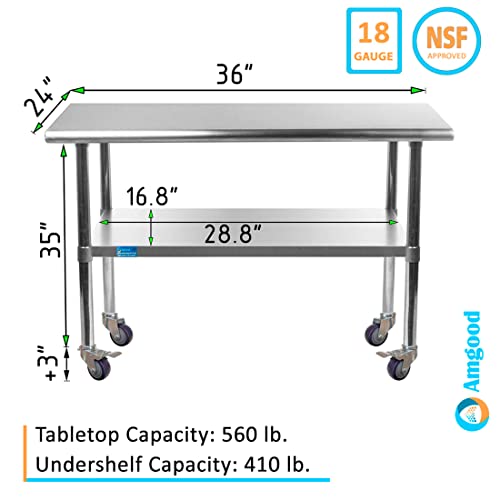 24" X 36" Amgood Stainless Steel Work Table With Wheels | Metal Mobile Table | Food Prep #TOP2