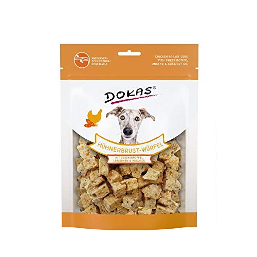Dokas Hühnerbrust-Würfel,Süsskart,Leinsamen | 8X 150g Hundesnack