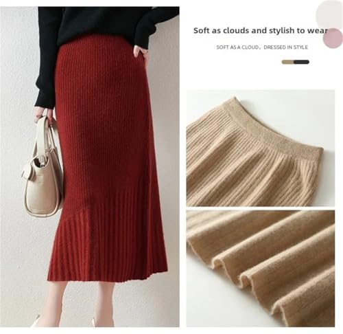 Women's High Waist Slim Fit Half Skirt 100 Solid Wool Knitted Cashmere Base Layer Skirt Golden Brown Red S2