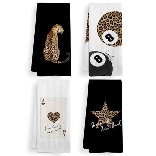 XNXLDYLH Trendy Leopard Cheetah Print Poker Lucky 8 Ball Bathroom Decor, Preppy Funky Black Decor Dish Hand Towels for Bathroom Kitchen Sets of 2, Cheetah Kitchen Towels and Dishcloths, 16x24 Inch