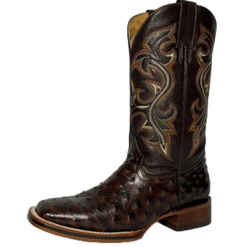 Men’s Genuine Leather Exotic Full Quill Ostrich Print Square Toe Cowboy Western Boots - Brown (Brown, US Footwear Size System, Adult, Men, Numeric, Wide, 13)
