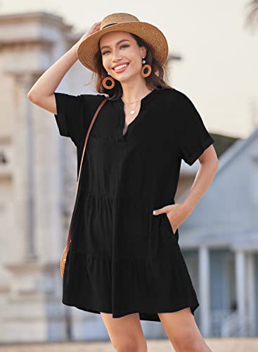 Women's Summer Casual Solid Color V Neck Sexy Swimsuit Cover Ups Pleated Swing Bathing Suit Swim Cover Up Dresses Black, S #TOP2