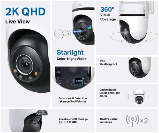 TP-Link Tapo 2K 4MP Pan/Tilt Outdoor Wired Security Wi-Fi Camera, 360ยฐ Visual Coverage, Starlight Full-Color Night Vision Up to 98ft, Person/Pet/Venicle Detection,Physical Privacy Mode(Tapo C520WS) - 2