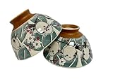 Japanese Mino Ware Ceramic Rice Bowl Set, 4.9 Inches Diameter x H2.6 Inches, 11.5 Fluid Ounces Set of 2, from Japan (Olive Green Long-tailed Tit)