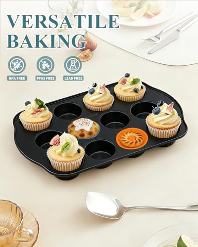 Image of Nonstick Muffin Pan with 12 Silicone Baking Cups, Carbon Steel Muffin Tin for Muffins, Cupcakes, Egg Bites and more, Non Toxic, Easy to Clean, Dishwasher Safe, Foggy Gray