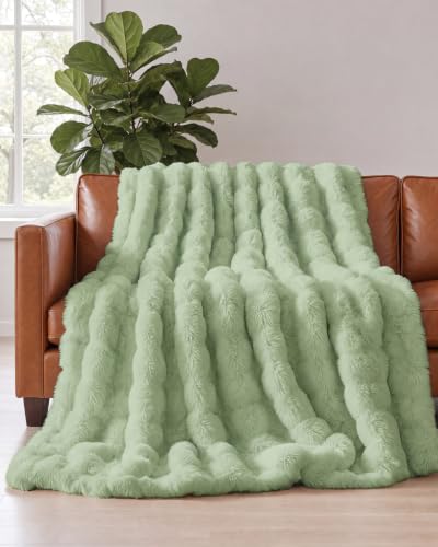 Faux Fur Throw Blanket - Kids Size Bubble Blanket - 43" x 55", Celadon