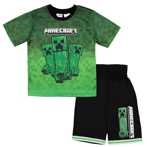 41PEEKFrGfL. SL500  - Minecraft Creeper Boys Short Sleeve Mesh T-Shirt & Shorts, 2-Piece Gamer Outfit Set for Kids and Toddlers (Size 7, Green/Black Gradient)