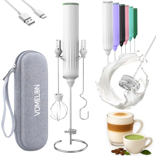 Milk Frother Handheld with 3 Stainless Steel Whisks, Rechargeable Electric Drink Mixer with Stand & Travel Case, Milk Foamer for Coffee, Latte, Cappuc