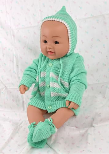 Image of Baby Girl's Soft Woolen Knitted Sweater Suit Green 6 to 12 Months 3 Pcs Set with Long Sleeve V Neck Cap and Socks