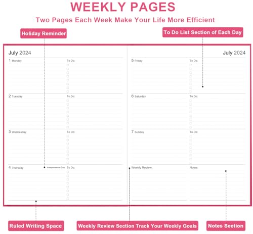 2024-2025 Planner - 8.5\'\' × 11\'\' Weekly Planner from July 2024 to June 2025, Weekly & Monthly Planner 2024-2025 with Fabric Cover, Premium Paper, Perfect Daily Organizer, Pink