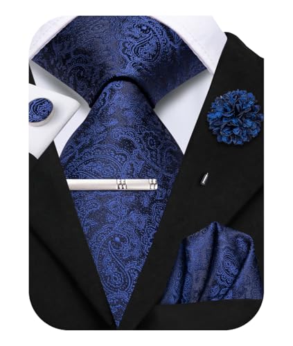 Image of Hi-Tie Paisley Mens Navy Blue Ties Silk Neckties and Pocket Square Lapel Pin Silver Tie Clip Cufflinks Set Wedding Business 6PCS