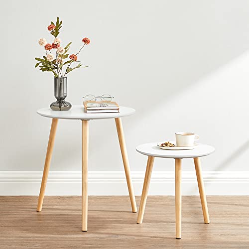 VASAGLE Nesting Side Table, Round End Table, Set of 2, Scandinavian Minimalist Coffee Table with Solid Pine Wood Legs, White and Natural LET07WN