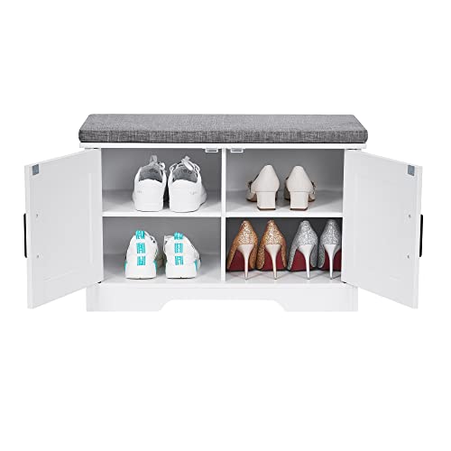 Homsho 2-Tier Storage Bench,Shoe Bench With Padded Seat Cushion, Entryway Bench With 2 Barn Doors,Adjustable Shelf, For Entryway, Living Room, Bedroom,White #TOP3