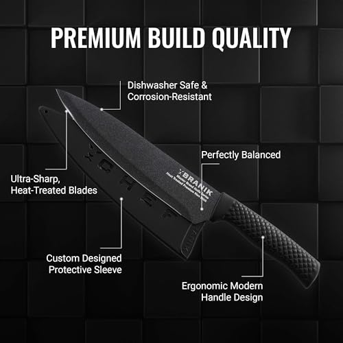 BRANIK Titanium Series 6-Piece Kitchen Knife Set – Non-Stick Stainless Steel Chef Knives with Ultra-Sharp Blades, Ergonomic Handles & Protective Sheaths – Professional Kitchen Knives – Black - Image 3
