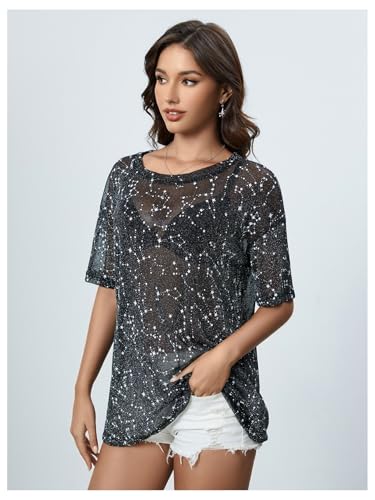 MakeMeChic Women's Summer Short Sleeve Tops Rock Concert Outfits Sequin See Through Mesh Sheer T Shirts Blouse4