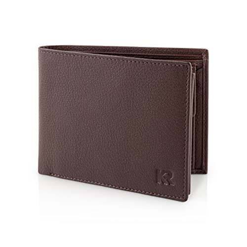 Kronify Leather Wallet Men | Rfid Blocking | Bifold & Trifold | Genuine Leather | 13 Card Slots | Coin Pocket | Gift Box | Natural Dark Brown #TOP2