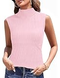Totatuit Pull Femme sans Manches Tricoté Hauts d'hiver Pullover col roulé Chandail Décontracté Uni débardeurs Élégantes avec ondulations Chics Rose，S