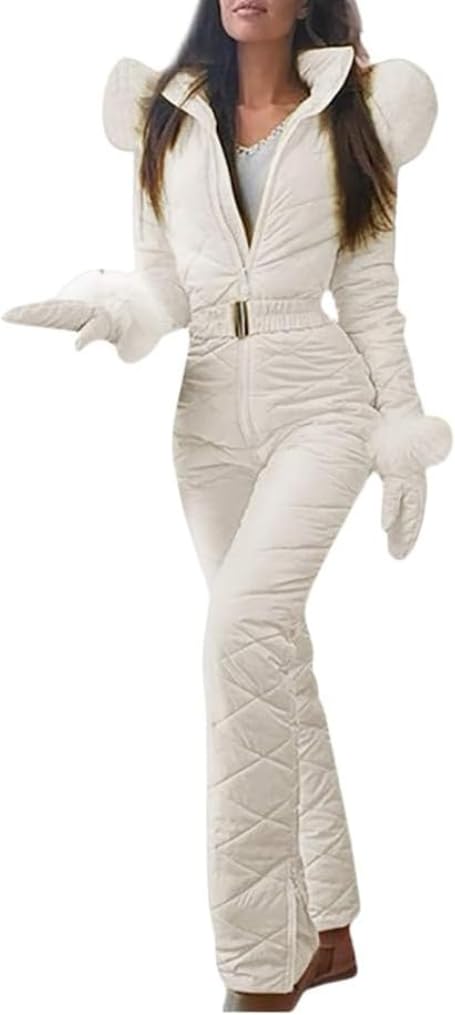 Combinaison de Ski pour Femme Combinaison de Neige pour Femme Combinaison de Ski à Capuche Coupe-Vent Mince de Plein air avec col à Cheveux Combinaison de Ski avec Gants (Blanc,M)