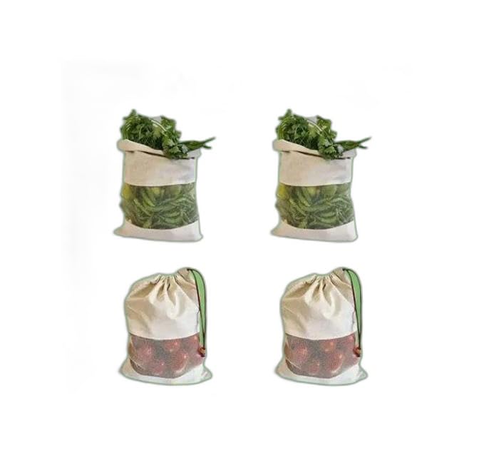 (Pack of 4) Cotton Vegetable Grocery Bags Fridge Storage Bag Sabji Fruits Pouch Refrigerator Produce Bags Fridge Eco Friendly Storage Bags Perfect for Fruits, Vegetables, Pulses an|RUD-P365