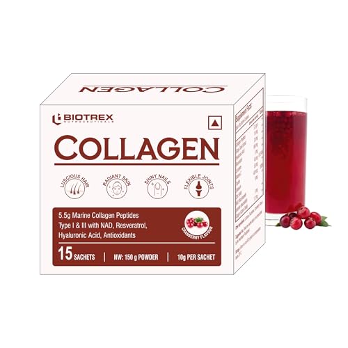 Image of Biotrex Nutraceuticals Collagen Powder Supplement - 15 Sachets For Men & Women, Marine Collagen Powder Supports Healthy Skin, Luscious Hair, Flexible Joints, Shiny Nails, Cranberry Flavour