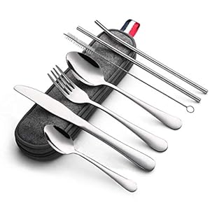 KOHMUI 7-teiliges Edelstahl Camping Besteckset mit Tasche