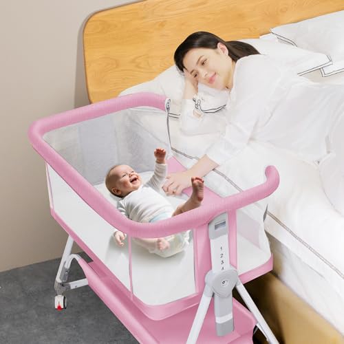 Image of Donpemu Baby Bassinet,3 in 1 Baby Bassinets Bedside Sleeper,All Mesh Bedside Bassinet with Storage Basket and Wheels,7 Height Adjustable Bedside Crib for 0-6 Months Baby (Pink)