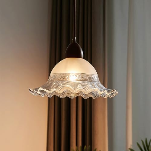 Suspension en verre vintage dépoli cannelé avec accents bois - 3