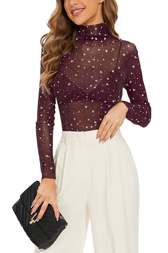 Women See Through Tee Tops Long Sleeve T Shirt Sexy Mesh Sheer Mock Neck Layering Lace Tshirt
