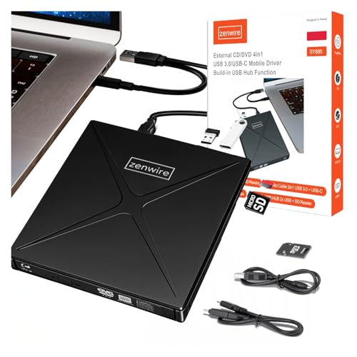 Zenwire Masterizzatore DVD Esterno Portatile Esterno - Lettore di Schede SD con USB-C con Funzione di hub USB e DVD-CD RW HUB USB-C USB 3.0 4-in-1 - per Windows, Mac, Linux