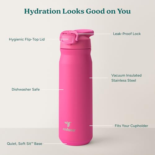 Image of REDUCE 24 oz Hydrate Pro Stainless Steel Insulated Water Bottle - Flip Top Leak-Proof Lid, Dishwasher Safe, BPA-Free, Dual Wall Vacuum, Keeps Drinks Cold for 48 Hrs, Cup Holder Friendly - Dragonfruit