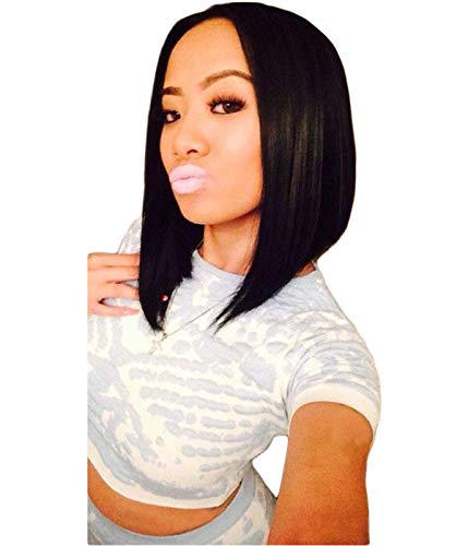 Maycaur Short Bob Wigs Black Color Straight Hair Synthetic Lace Front Wigs for Women 12Inch