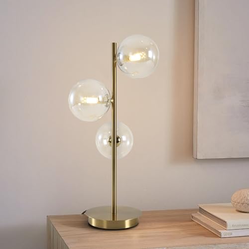 Image of Gold Globe Bedside Lamp, 3 Lights Mid Century Modern Table Lamp, Contemporary Cognac Glass Globe Readin Lamp for Bedroom Living Room Study Room