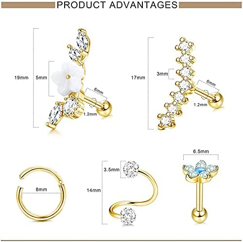 Kakonia Cartilage Earrings for Women 16G Stainless Steel Silver Gold Rose Gold Black Plated Ear Cartilage Stud Hoop Tragus Conch Helix Piercing Jewellery