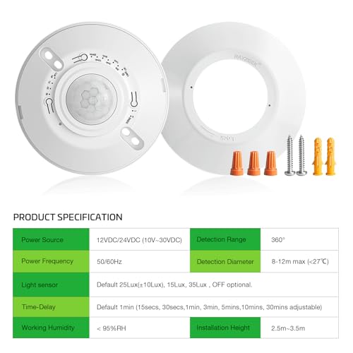 RAYZEEK 12V 24V Low Voltage Ceiling Sensor Pir Occupancy Motion Detector, 360 Degree Field of View High Sensitive Motion Sensor,10A,Commercial/Residential,Up to 1600 sq.ft,PC Fireproof