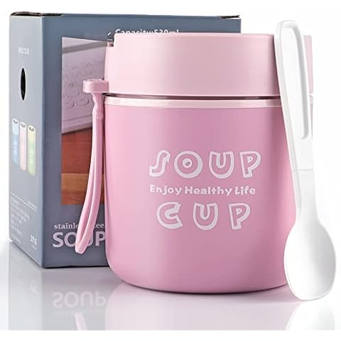 Reastar Food Container, 18 Ounce Stainless Steel Kids Adult Thermo for Hot Food, Vacuum Food Jar with Folding Spoon, Leak Proof, Portable Food Container Soup Thermo, Pink Cover