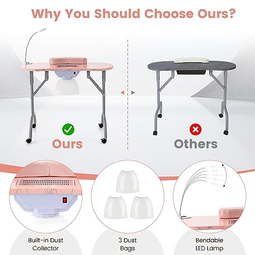 FANTASK klappbare Nageltisch, Maniküretisch mit elektrischem Staubsammler, LED-Lampe, Handgelenkauflage, Tragetasche & Rollen, Maniküre-Nageltisch Marmor Optik (Rosa)