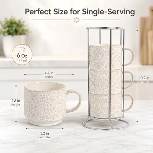 SumitlEyao 6 Oz Coffee Cups Set of 4, Stackable Espresso Cups with Metal Stand, Ceramic Cappuccino Cup, Embossed Coffee Mugs for Latte, Cocoa, Mocha, Tea, Housewarming Present, Dishwasher Safe by SumitlEyao - Used condition - Image 4