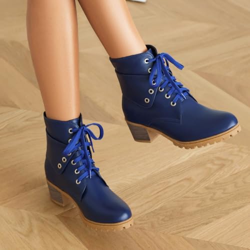 VOKLIN Women's Round Toe Dressy Ankle Boots Buckle Lace Up Low Heel Western Chelsea Combat Short Booties 6