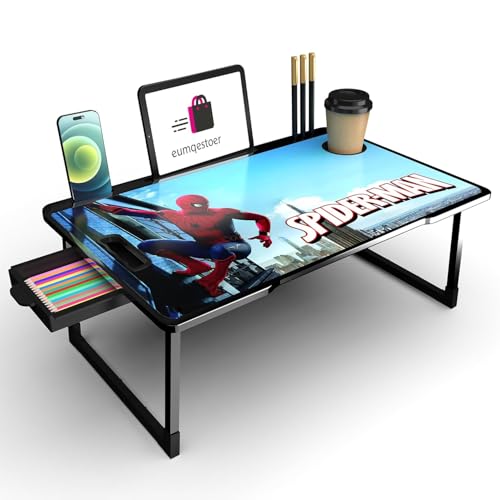 Image of BRINKL Engineered Wood Multipurpose Foldable Laptop Table with Cup Holder | Table Home Study Writing Table, Foldable and Portable /Ergonomic Edges (SPYDERMAN COTED 1)