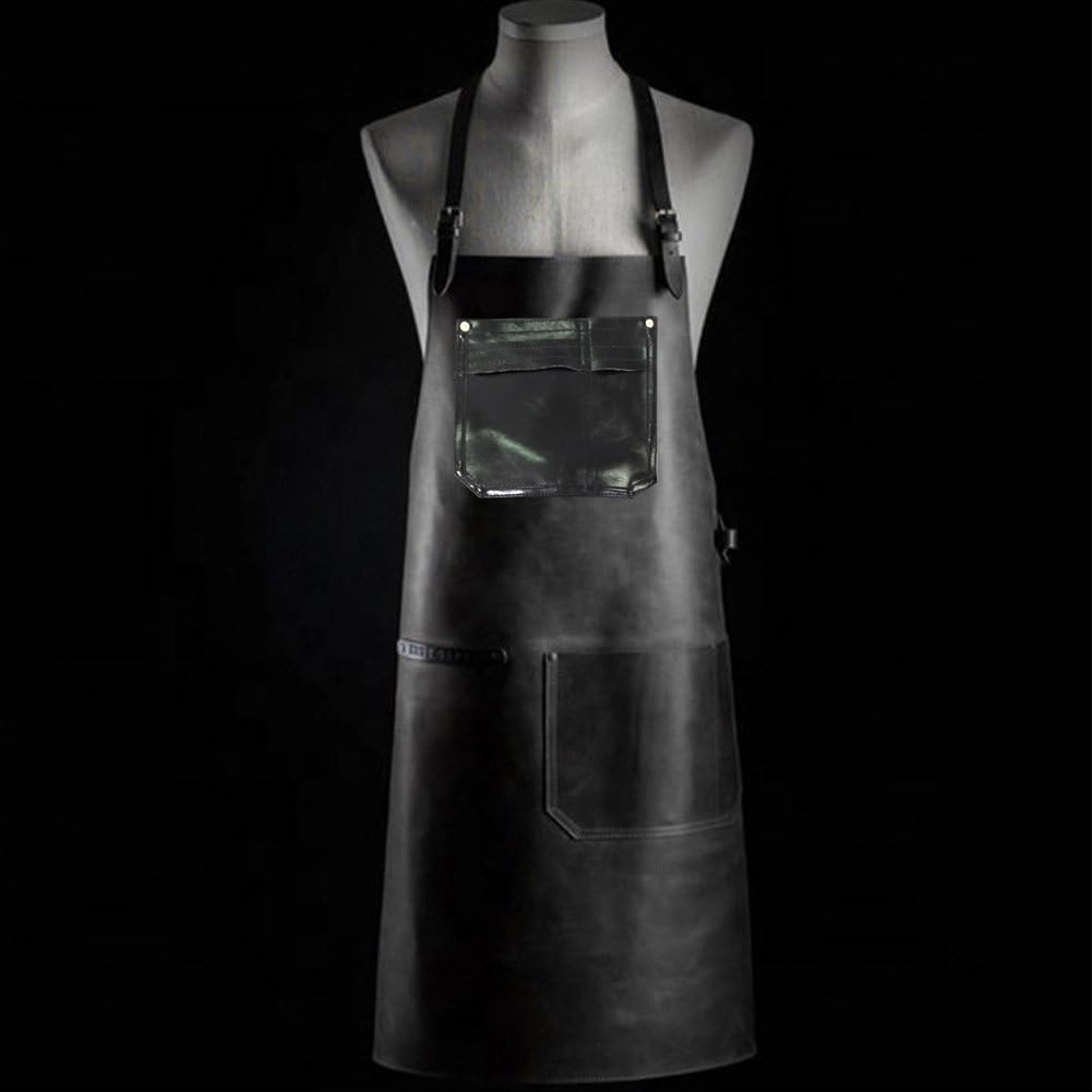 Delantal De Cuero PU, Delantal De Cocina Ligero, Delantal con Pechera Larga, Ropa De Trabajo Impermeable para Cocina Casera Y Limpieza De Cocina