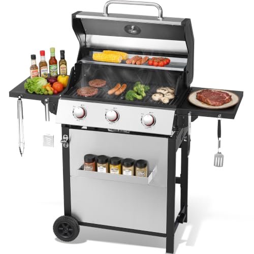 3-Burner Propane Gas Grill with 2 Foldable Side Tables, 30,000 BTU Outdoor BBQ Stainless Steel Grill with Porcelain-Enameled Wire Grid and Thermometer, Easy Assembly for Patio, Backyard BBQ