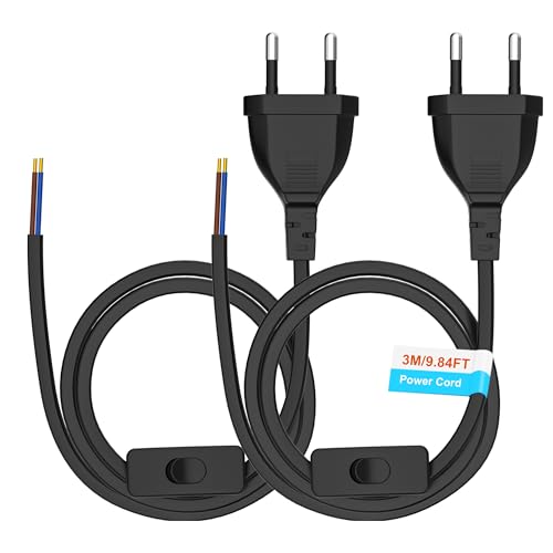 Cable de Alimentación Euro con Interruptor [2 Piezas], 3 Metros con Enchufe Europeo, 2 X Cables de Conexión de Repuesto con Interruptor Tipo C, 2 x 0,75 mm², para Luces, Lámparas, Iluminantes, Negro