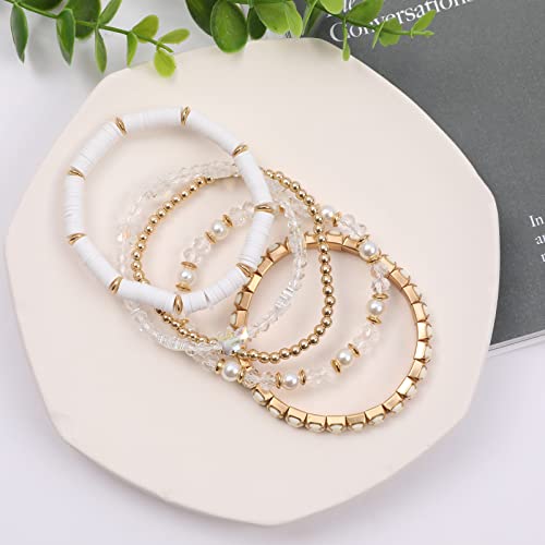 Clay Beaded Bracelets, White Pink Preppy Bracelets Gray Preppy Bracelet Black Bracelets Boho Multi-Layer Beaded Crystal Bracelets, Bohemian Stackable Bead Bracelet Set Jewelry for Women2