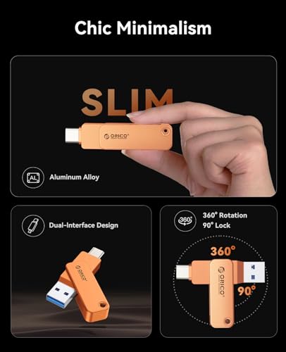 Image of ORICO USB 3.0 Flash Drive 150MB /S Metal Housing Swivel Design Support OTG Function 2 in 1 PenDrive 64GB for USB C and USB A Devices -EB05 OR