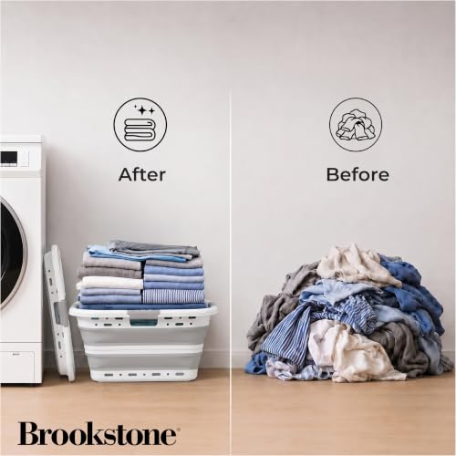 Image of Brookstone 11 Gal Collapsible Laundry Basket With 3 Handles, Hip Hugger Design, Non-Slip Comfort Grip, Lightweight BPA-Free Space Saving Pop-Up Hamper, 24 In, Portable and Sturdy, Light Gray
