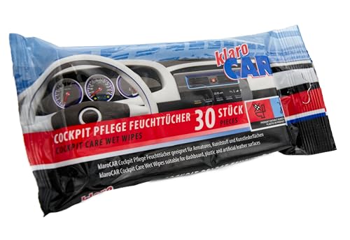 klaroCAR | Cockpit Pflege Feuchttücher | 30 Stück | für Armaturen Kunststoff und Kunstleder | Für eine schonende schnelle und gründliche Reinigung des Auto - Innenraums