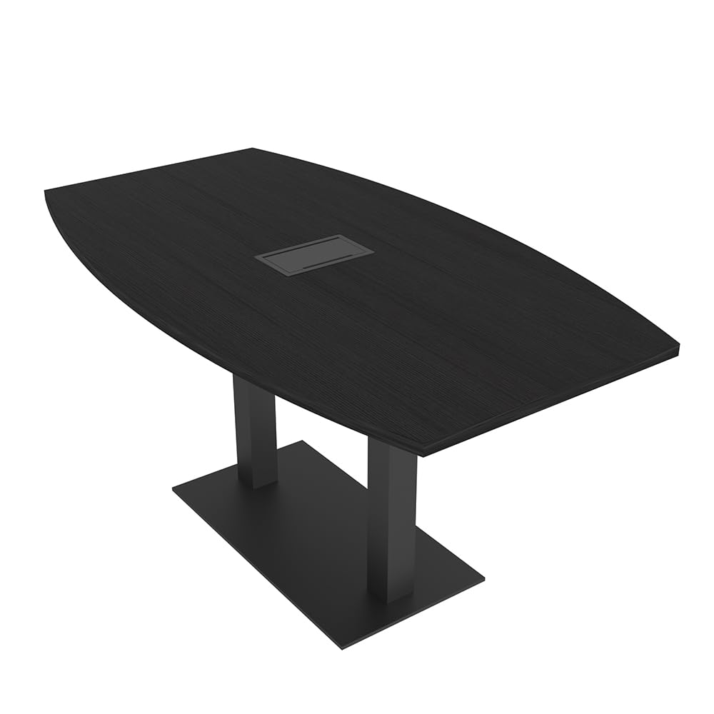 Harmony Series 6-Person Boat Shaped Conference Table with Power & Data | Matte Black Square Metal Base | Meeting Tables for Offices, Training Rooms |