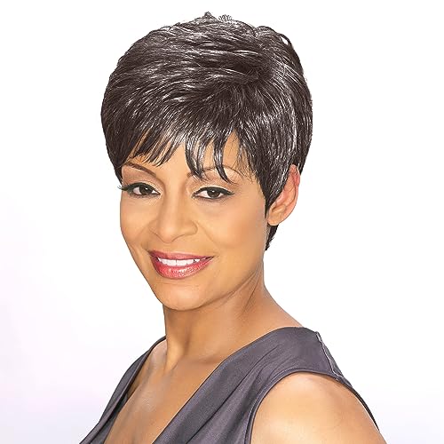 Edna Wig Color 3T34 - Foxy Silver Wigs Short Pixie Wispy Fringe Synthetic Straight Layers African American Women's Machine Wefted Lightweight Average Cap Bundle MaxWigs Hairloss Booklet